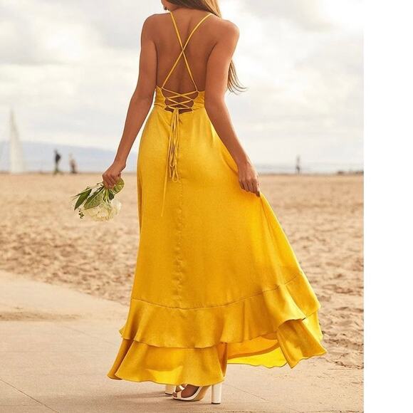 Lulus In Love Forever Maxi Dress Small Mustard Yellow Satin Formal Wedding Guest - Picture 2 of 15